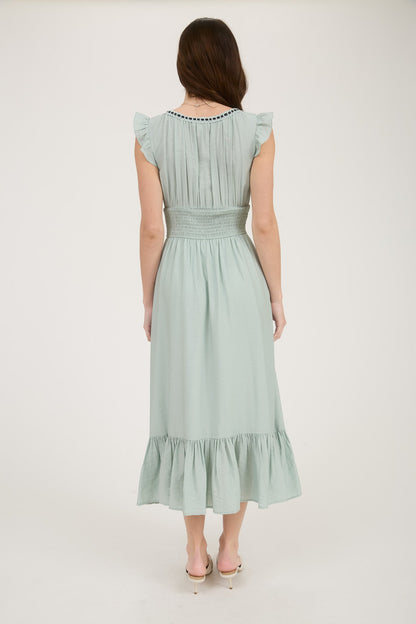 1016 Corset Contrast Ribbon Tie Ruffle Midi Dress