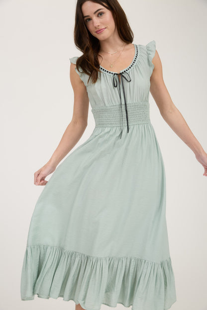 1016 Corset Contrast Ribbon Tie Ruffle Midi Dress