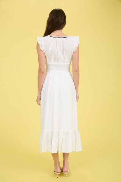 1016 Corset Contrast Ribbon Tie Ruffle Midi Dress