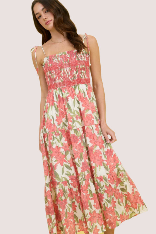 Floral Smocked Spaghetti Tie Midi Dress