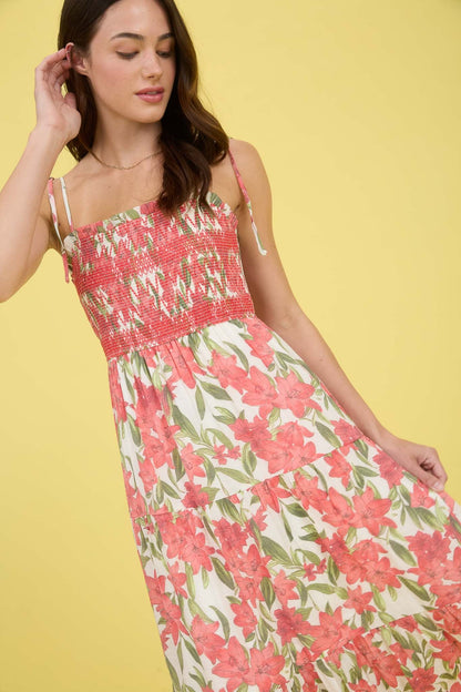 Floral Smocked Spaghetti Tie Midi Dress