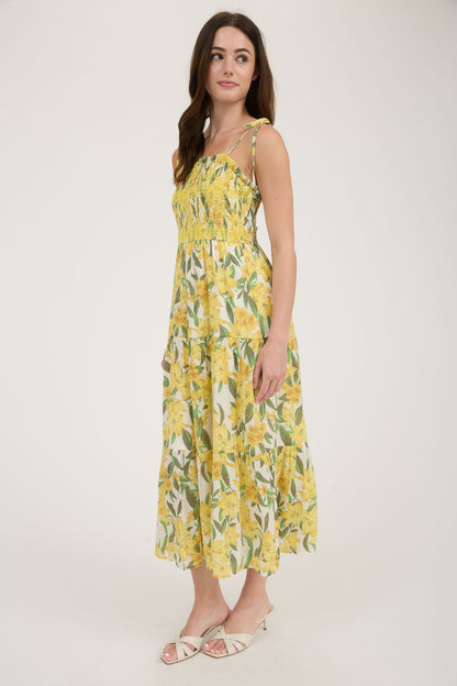 Floral Smocked Spaghetti Tie Midi Dress