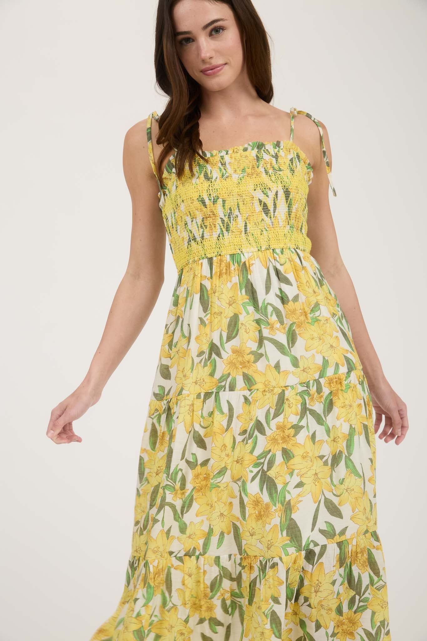 Floral Smocked Spaghetti Tie Midi Dress
