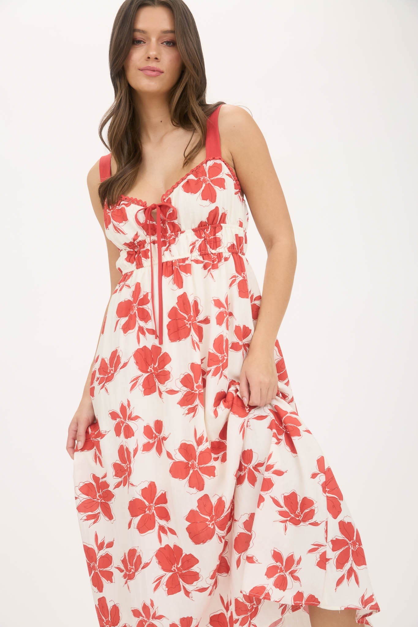 1001 Floral Front Tie Cutout Midi Dress