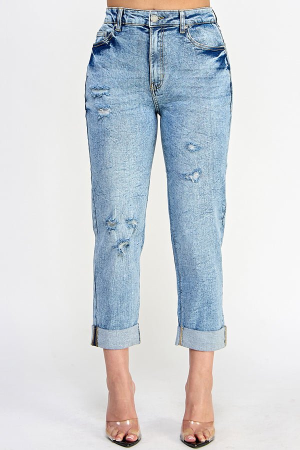 Distressed mom jeans, High-rise mom jeans, Stretch denim jeans, Vintage wash mom jeans, Ripped mom jeans, Relaxed fit jeans, Comfortable high-waisted jeans for women, Trendy distressed denim for everyday wear, Stretchy mom jeans with a flattering fit, Casual high-rise jeans with ripped details, Best mom jeans for effortless style, Retro denim style, 90s-inspired jeans, Classic mom jeans with stretch, Casual chic denim look, Everyday wear high-rise jeans