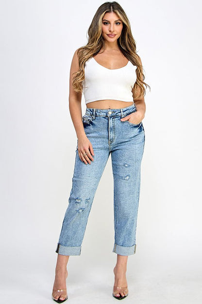 Distressed mom jeans, High-rise mom jeans, Stretch denim jeans, Vintage wash mom jeans, Ripped mom jeans, Relaxed fit jeans, Comfortable high-waisted jeans for women, Trendy distressed denim for everyday wear, Stretchy mom jeans with a flattering fit, Casual high-rise jeans with ripped details, Best mom jeans for effortless style, Retro denim style, 90s-inspired jeans, Classic mom jeans with stretch, Casual chic denim look, Everyday wear high-rise jeans