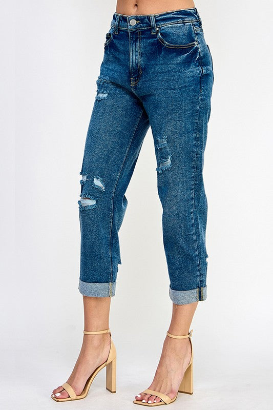 Distressed mom jeans, High-rise mom jeans, Stretch denim jeans, Vintage wash mom jeans, Ripped mom jeans, Relaxed fit jeans, Comfortable high-waisted jeans for women, Trendy distressed denim for everyday wear, Stretchy mom jeans with a flattering fit, Casual high-rise jeans with ripped details, Best mom jeans for effortless style, Retro denim style, 90s-inspired jeans, Classic mom jeans with stretch, Casual chic denim look, Everyday wear high-rise jeans