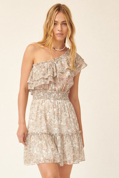 One Shoulder Floral Print Mini Dress
