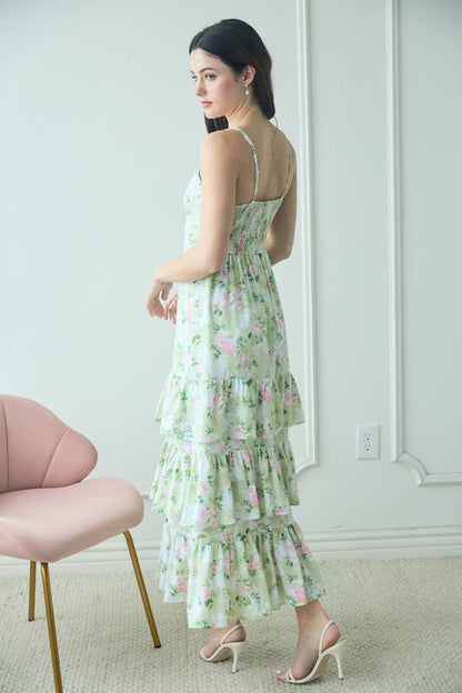1003 Floral Tiered Hem Midi Dress