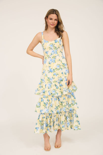 1003 Floral Tiered Hem Midi Dress
