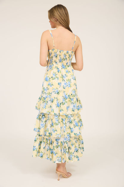 1003 Floral Tiered Hem Midi Dress