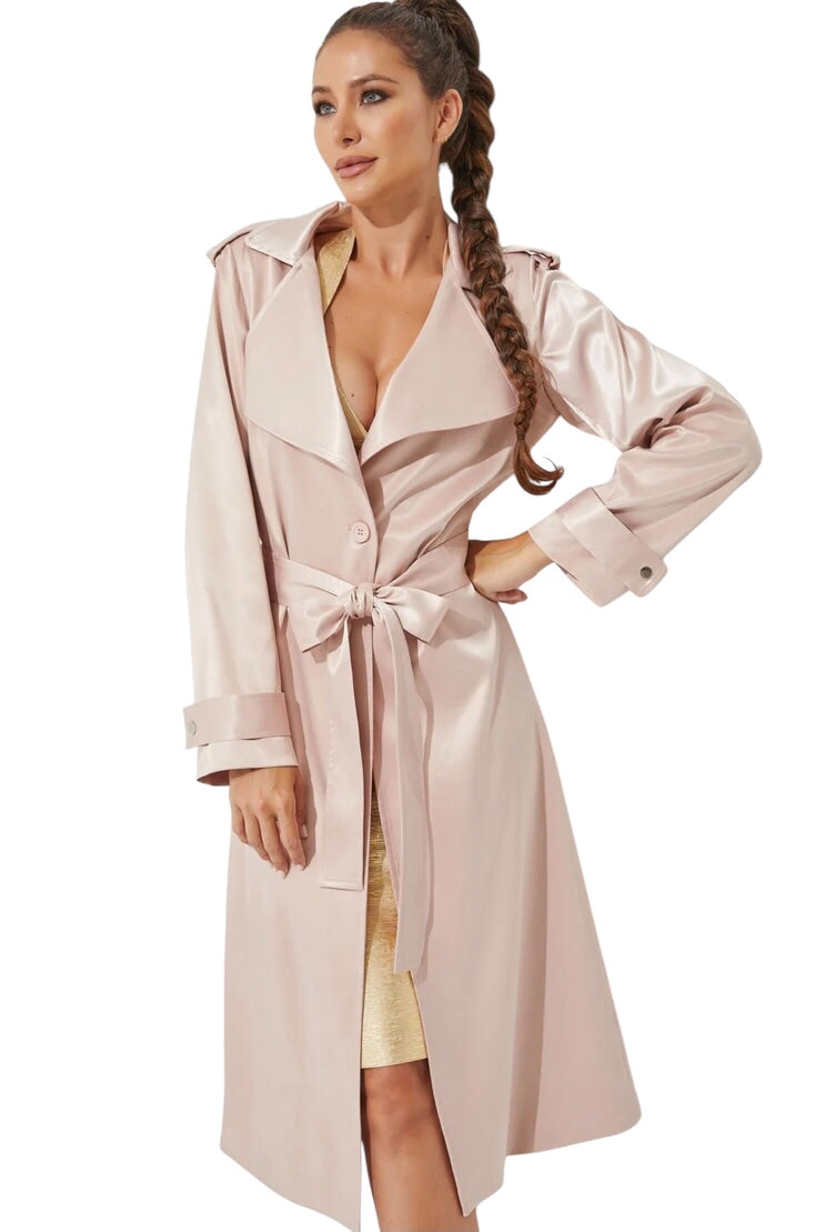 Champagne satin trench, Women's satin trench coat, Luxury satin coat, Elegant trench coat, Champagne-colored trench coat, Satin outerwear, Women's fashion coat, Stylish trench coat, Champagne trench coat, Satin coat with belt, Women’s evening coat, Fashionable Satin Trench Coat, Women’s Classic Trench Coat, Easy Clothes US, Women’s Outwear, Date Night Coat, Date Night Satin Coat, 