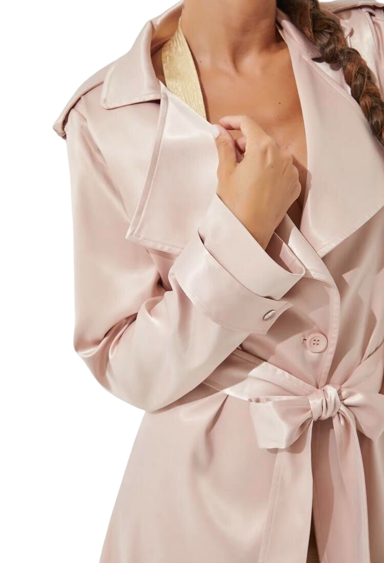 Champagne satin trench, Women's satin trench coat, Luxury satin coat, Elegant trench coat, Champagne-colored trench coat, Satin outerwear, Women's fashion coat, Stylish trench coat, Champagne trench coat, Satin coat with belt, Women’s evening coat, Fashionable Satin Trench Coat, Women’s Classic Trench Coat, Easy Clothes US, Women’s Outwear, Date Night Coat, Date Night Satin Coat, 