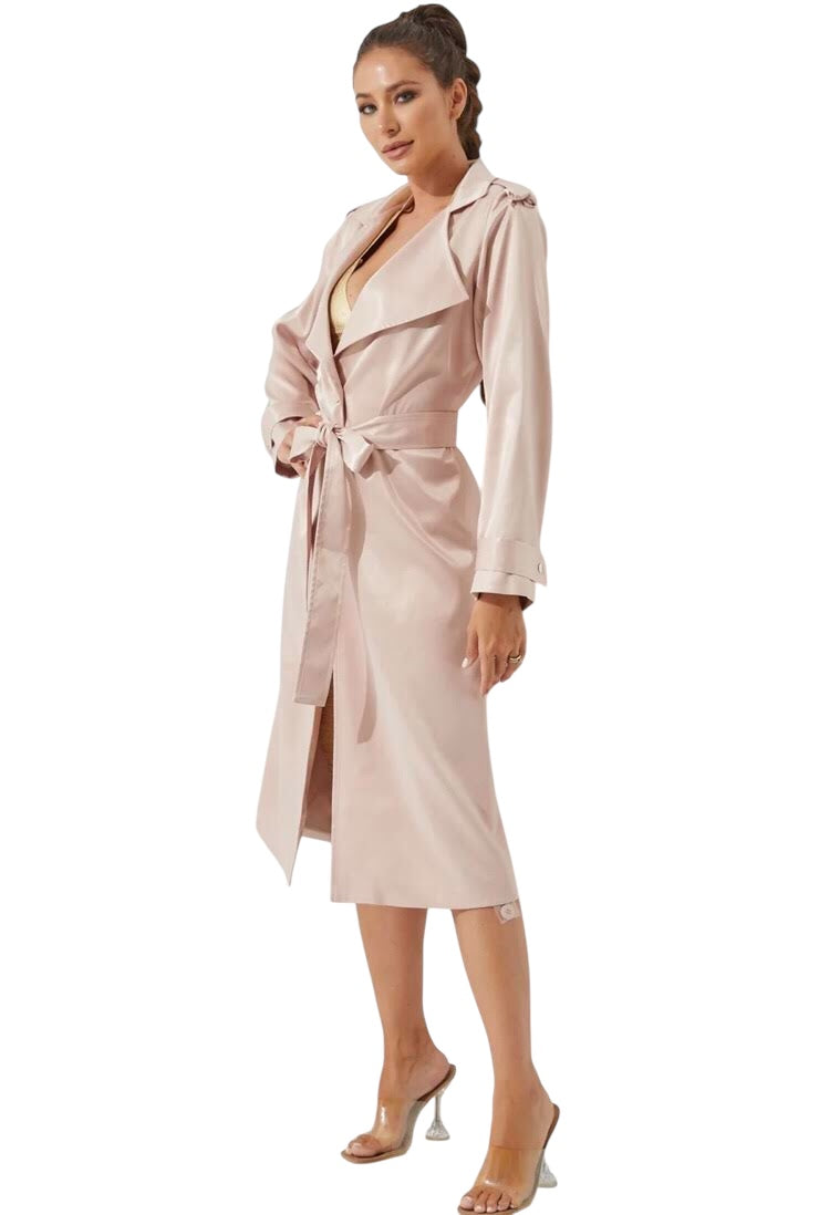 Champagne satin trench, Women's satin trench coat, Luxury satin coat, Elegant trench coat, Champagne-colored trench coat, Satin outerwear, Women's fashion coat, Stylish trench coat, Champagne trench coat, Satin coat with belt, Women’s evening coat, Fashionable Satin Trench Coat, Women’s Classic Trench Coat, Easy Clothes US, Women’s Outwear, Date Night Coat, Date Night Satin Coat, 