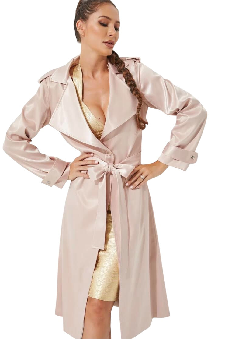 Champagne satin trench, Women's satin trench coat, Luxury satin coat, Elegant trench coat, Champagne-colored trench coat, Satin outerwear, Women's fashion coat, Stylish trench coat, Champagne trench coat, Satin coat with belt, Women’s evening coat, Fashionable Satin Trench Coat, Women’s Classic Trench Coat, Easy Clothes US, Women’s Outwear, Date Night Coat, Date Night Satin Coat, 